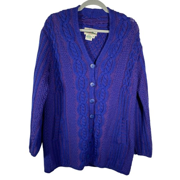 Aran Crafts Womens Medium Cable Knit Cardigan Sweater 100% Merino Wool Blue purp - Picture 1 of 9